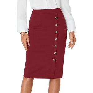 image:imageLYANER Womens High Waist Button Stretch Pencil Knee Length Straight Midi Skirt for Business CasualBurgundy
