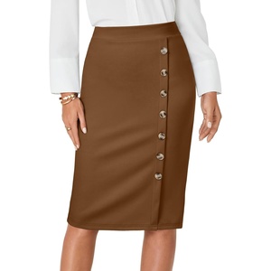 image:imageLYANER Womens High Waist Button Stretch Pencil Knee Length Straight Midi Skirt for Business CasualDark Brown