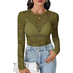image:imageLYANER Womens Lace Long Sleeve Tops Floral Sexy Mesh Sheer Shirt See Through Undershirt TopsArmy Green