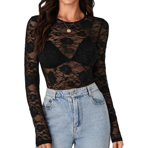 image:imageLYANER Womens Lace Long Sleeve Tops Floral Sexy Mesh Sheer Shirt See Through Undershirt TopsBlack