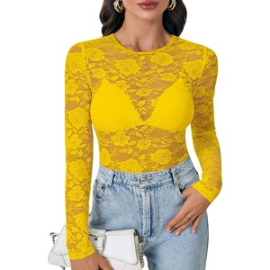 image:imageLYANER Womens Lace Long Sleeve Tops Floral Sexy Mesh Sheer Shirt See Through Undershirt TopsBright Yellow