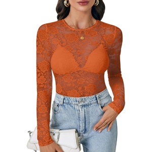 image:imageLYANER Womens Lace Long Sleeve Tops Floral Sexy Mesh Sheer Shirt See Through Undershirt TopsCaramel
