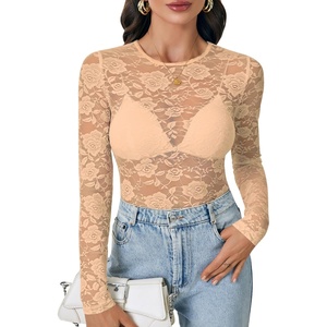 image:imageLYANER Womens Lace Long Sleeve Tops Floral Sexy Mesh Sheer Shirt See Through Undershirt TopsDark Apricot