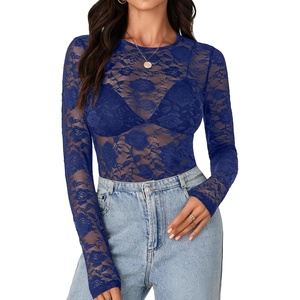 image:imageLYANER Womens Lace Long Sleeve Tops Floral Sexy Mesh Sheer Shirt See Through Undershirt TopsDark Blue