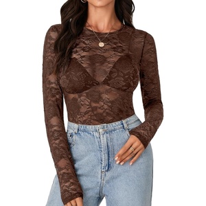 image:imageLYANER Womens Lace Long Sleeve Tops Floral Sexy Mesh Sheer Shirt See Through Undershirt TopsDark Brown