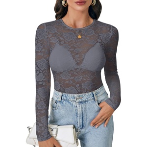 image:imageLYANER Womens Lace Long Sleeve Tops Floral Sexy Mesh Sheer Shirt See Through Undershirt TopsDark Gray