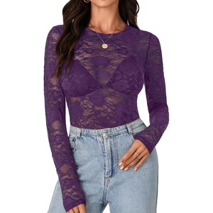 image:imageLYANER Womens Lace Long Sleeve Tops Floral Sexy Mesh Sheer Shirt See Through Undershirt TopsDark Purple