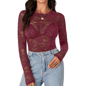 image:imageLYANER Womens Lace Long Sleeve Tops Floral Sexy Mesh Sheer Shirt See Through Undershirt TopsDark Red