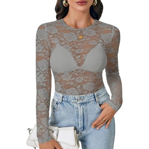 image:imageLYANER Womens Lace Long Sleeve Tops Floral Sexy Mesh Sheer Shirt See Through Undershirt TopsGray