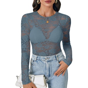 image:imageLYANER Womens Lace Long Sleeve Tops Floral Sexy Mesh Sheer Shirt See Through Undershirt TopsHaze Blue