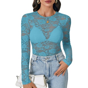 image:imageLYANER Womens Lace Long Sleeve Tops Floral Sexy Mesh Sheer Shirt See Through Undershirt TopsLake Blue