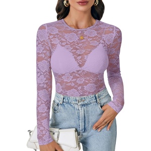 image:imageLYANER Womens Lace Long Sleeve Tops Floral Sexy Mesh Sheer Shirt See Through Undershirt TopsLight Purple
