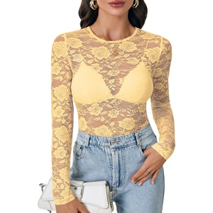 image:imageLYANER Womens Lace Long Sleeve Tops Floral Sexy Mesh Sheer Shirt See Through Undershirt TopsLight Yellow