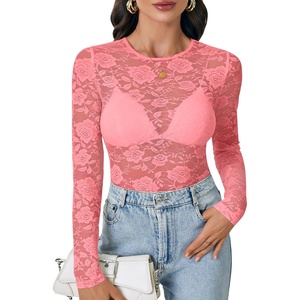 image:imageLYANER Womens Lace Long Sleeve Tops Floral Sexy Mesh Sheer Shirt See Through Undershirt TopsPure Pink