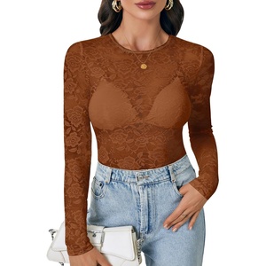 image:imageLYANER Womens Lace Long Sleeve Tops Floral Sexy Mesh Sheer Shirt See Through Undershirt TopsReddish Brown
