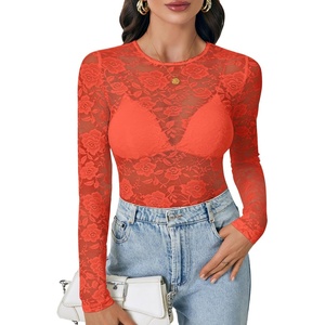 image:imageLYANER Womens Lace Long Sleeve Tops Floral Sexy Mesh Sheer Shirt See Through Undershirt TopsRust Red