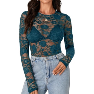image:imageLYANER Womens Lace Long Sleeve Tops Floral Sexy Mesh Sheer Shirt See Through Undershirt TopsTeal Blue
