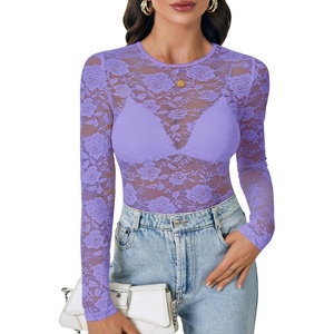 image:imageLYANER Womens Lace Long Sleeve Tops Floral Sexy Mesh Sheer Shirt See Through Undershirt TopsViolet