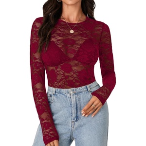 image:imageLYANER Womens Lace Long Sleeve Tops Floral Sexy Mesh Sheer Shirt See Through Undershirt TopsWine Red