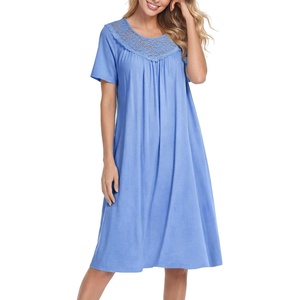 image:imageLYANER Womens Lace Trim Round Neck Short Sleeve Ruffle A Line Casual Midi NightdressAzure