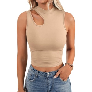 image:imageLYANER Womens Mock Turtle Neck Cut Out Crop Top Ribbed Knit Sexy Sleeveless Tank Top ShirtBeige