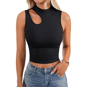 image:imageLYANER Womens Mock Turtle Neck Cut Out Crop Top Ribbed Knit Sexy Sleeveless Tank Top ShirtBlack