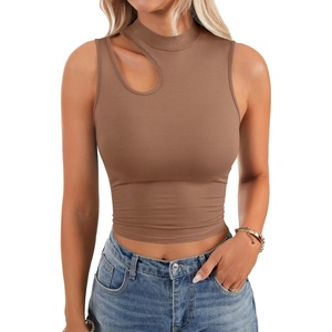 image:imageLYANER Womens Mock Turtle Neck Cut Out Crop Top Ribbed Knit Sexy Sleeveless Tank Top ShirtBrown