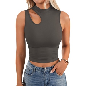 image:imageLYANER Womens Mock Turtle Neck Cut Out Crop Top Ribbed Knit Sexy Sleeveless Tank Top ShirtDeep Gray