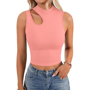 image:imageLYANER Womens Mock Turtle Neck Cut Out Crop Top Ribbed Knit Sexy Sleeveless Tank Top ShirtPink