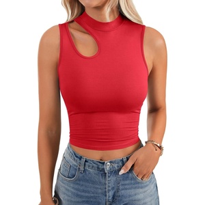 image:imageLYANER Womens Mock Turtle Neck Cut Out Crop Top Ribbed Knit Sexy Sleeveless Tank Top ShirtRed