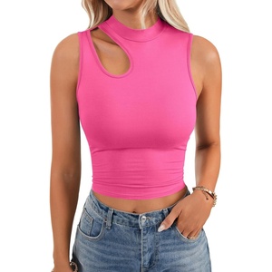 image:imageLYANER Womens Mock Turtle Neck Cut Out Crop Top Ribbed Knit Sexy Sleeveless Tank Top ShirtRose