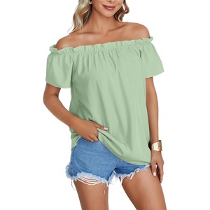 image:imageLYANER Womens Off Shoulder Ruffle Short Sleeve Ruched Casual Loose Tops Blouse ShirtSolid Mint Green