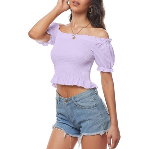 image:imageLYANER Womens Off Shoulder Shirred Short Sleeve Crop Blouse Tee TopLight Purple