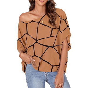 image:imageLYANER Womens Off Shoulder Tops Oversized Batwing Sleeve Loose Blouses Casual Tunic ShirtLine Coffee