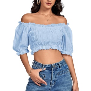 image:imageLYANER Womens Off The Shoulder Crop Tops Ruffle Trim Ruched Short Sleeve Peasant BlouseLight Blue