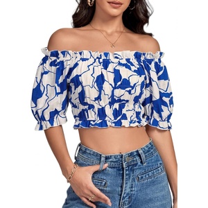 image:imageLYANER Womens Off The Shoulder Crop Tops Ruffle Trim Ruched Short Sleeve Peasant BlouseLight Royal Blue Blocks