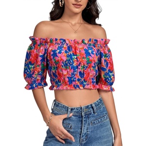 image:imageLYANER Womens Off The Shoulder Crop Tops Ruffle Trim Ruched Short Sleeve Peasant BlouseRoyal Blue Flowers