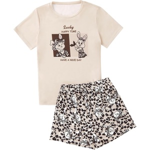 image:imageLYANER Womens Pajamas Set Summer Pjs Short Sleeve Tee and Shorts Sleepwear with PocketsReopard Print Rabbit