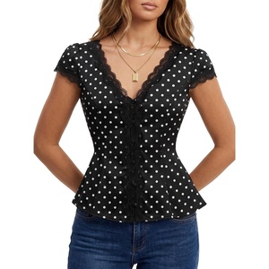 image:imageLYANER Womens Polka Dots Lace Trim Button V Neck Tie Back Dressy Casual Blouse TopsBlack