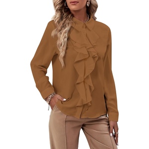 image:imageLYANER Womens Ruffle Front Blouse Collar Neck Button Down Long Sleeve Ruffled Shirt Dressy Work TopBrown