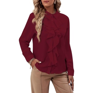 image:imageLYANER Womens Ruffle Front Blouse Collar Neck Button Down Long Sleeve Ruffled Shirt Dressy Work TopBurgundy