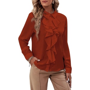 image:imageLYANER Womens Ruffle Front Blouse Collar Neck Button Down Long Sleeve Ruffled Shirt Dressy Work TopCamel