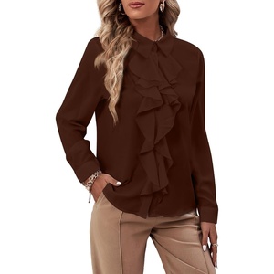 image:imageLYANER Womens Ruffle Front Blouse Collar Neck Button Down Long Sleeve Ruffled Shirt Dressy Work TopDark Brown