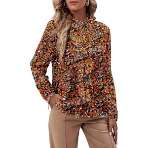 image:imageLYANER Womens Ruffle Front Blouse Collar Neck Button Down Long Sleeve Ruffled Shirt Dressy Work TopFloral Black