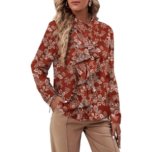 image:imageLYANER Womens Ruffle Front Blouse Collar Neck Button Down Long Sleeve Ruffled Shirt Dressy Work TopFloral Caramel