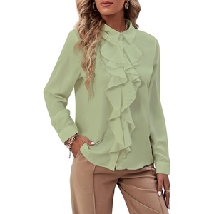 image:imageLYANER Womens Ruffle Front Blouse Collar Neck Button Down Long Sleeve Ruffled Shirt Dressy Work TopLight Green