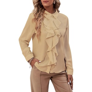 image:imageLYANER Womens Ruffle Front Blouse Collar Neck Button Down Long Sleeve Ruffled Shirt Dressy Work TopLight Khaki