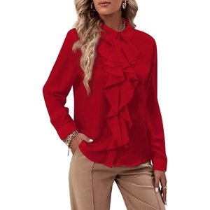 image:imageLYANER Womens Ruffle Front Blouse Collar Neck Button Down Long Sleeve Ruffled Shirt Dressy Work TopRed