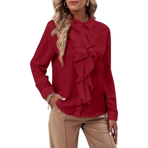 image:imageLYANER Womens Ruffle Front Blouse Collar Neck Button Down Long Sleeve Ruffled Shirt Dressy Work TopWine Red