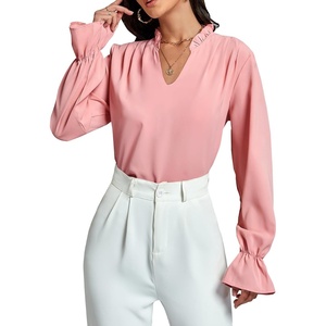 image:imageLYANER Womens Ruffle V Neck Solid Long Sleeve Chiffon Blouse Shirt TopPink